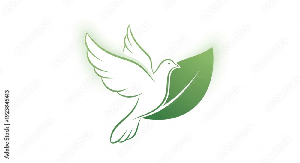Fototapeta premium White dove flying with green leaf eco friendly symbol vector illustration