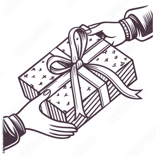 Wrapped gift box with ribbon being handed over