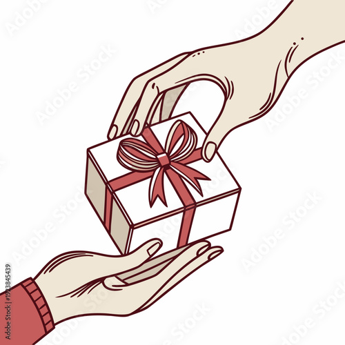Two hands exchanging a gift box with red ribbon
