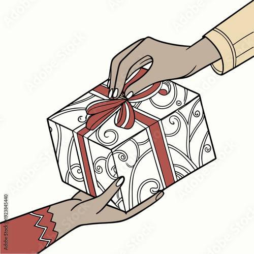 Two hands exchanging a gift box with white and red