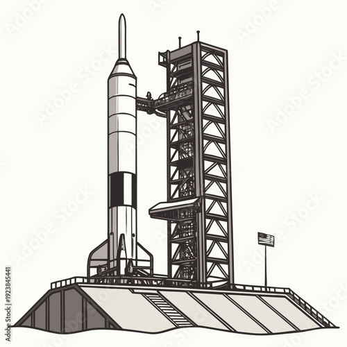 Of a rocket on a launchpad with service tower space rocket