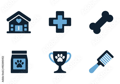 Vector showcasing pet care icons including puppy kennel veterinary services and dog accessories