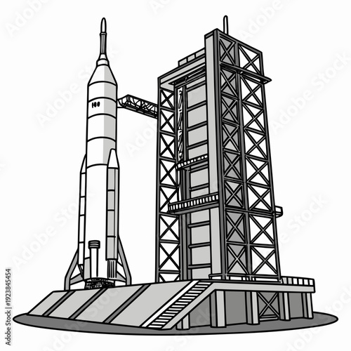 Gray rocket on launchpad with service tower space rocket