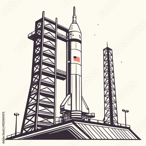 Realistic space rocket on launchpad with service tower