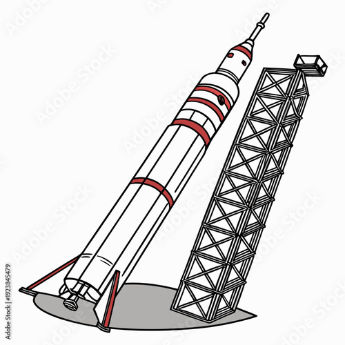 Of rocket on launchpad with service tower space technology