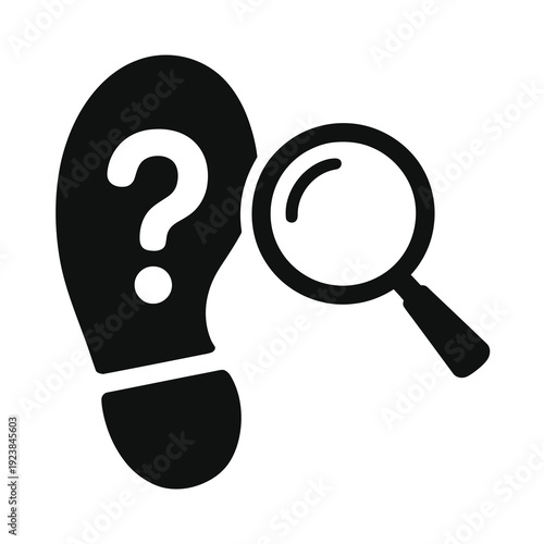 Black vector featuring a footprint with a question mark and a magnifying glass