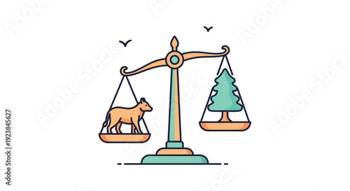 Balancing nature and livestock on a scale with a cow and tree symbolizing environmental harmony