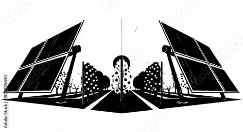 Symmetrical rows of solar panels face a glowing sun, symbolizing renewable energy and a bright future.