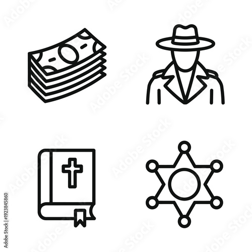 Vector image includes money, a detective, badge, and a bible all in a minimalist design