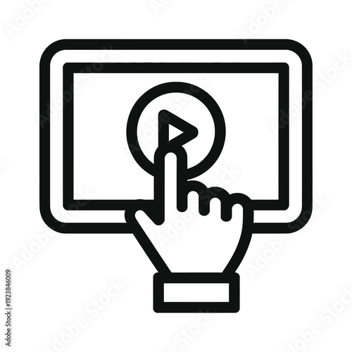 Hand touching a vector play button icon displayed on a screen interface