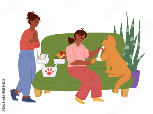Veterinarian providing emergency care for injured dog during home visit. Professional pet medical treatment. Flat vector illustration for emergency vet services, clinics, websites and mobile apps
