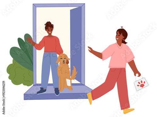 Veterinarian leaving home after providing emergency care, happy dog owner and healthy dog. In-home veterinary service. Flat vector illustration for clinics, pet care services, websites and apps