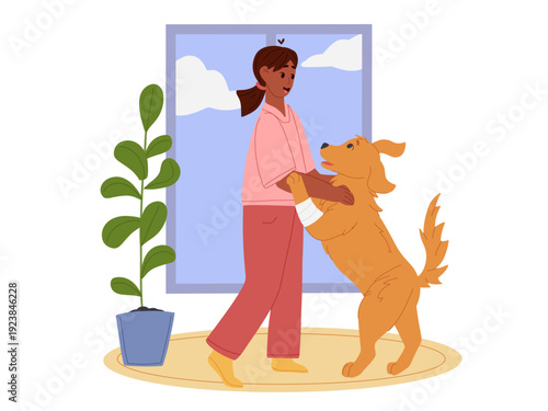 Veterinarian treating a dog at home. Doctor dancing with a happy dog. Warm in-home veterinary visit with positive outcome. Flat vector illustration for pet care services, clinics, websites and apps