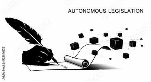 Creative hand writing legislation with floating digital blocks representing innovation