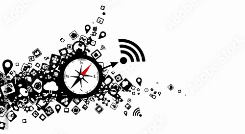 Compass and digital icons symbolizing navigation, connection, and information flow