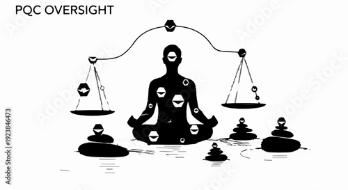 Balanced mind and body represented by a meditating silhouette on scales with stacked stones