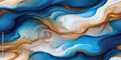Abstract blue and yellow background with flowing water waves and a silk texture design featuring liquid swirls of soft paint colors in a digital art abstraction