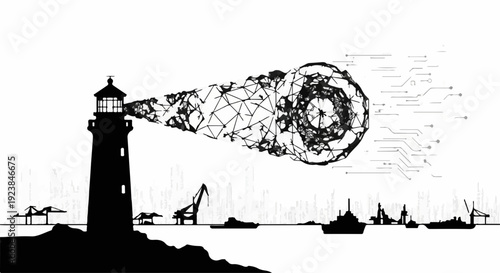 Lighthouse beam transforms into digital data stream, guiding ships in industrial harbor.