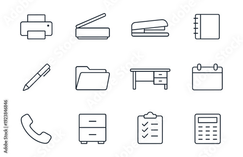 Collection of office supplies and equipment icons in a clean, modern line art style
