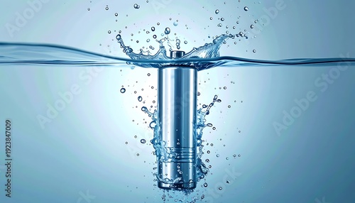 Silver cylindrical object plunges into water, creating a splash and ripples in the clear blue liquid