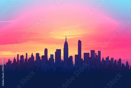 Colorful skyline at sunset with silhouettes of tall buildings in 8K resolution