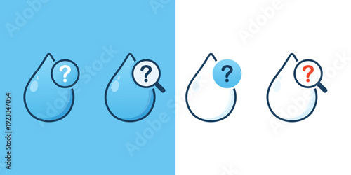 Water Drop with Magnifier and Question Mark. Water Quality Inspection Icon. Vector Illustration