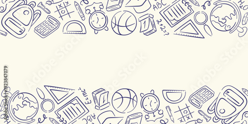 School border pattern with doodle style education icon. Back to school background with backpack, globe, books and math symbols for stationery design.