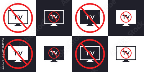 TV Not Allowed Icon. No Widescreen Television Symbol. Smart TV Blocked. Flat Line Vector Illustration