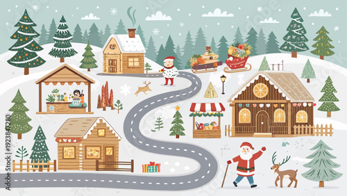Whimsical winter village scene with Santa Claus and festive holiday decorations