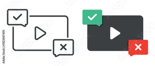 Video Feedback Icon. Streaming with Yes No Checklist Bubble. Flat Vector Illustration