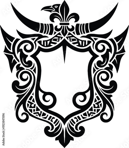 Heraldic shield crest vector with raven bird head and fleur de lis ornament for knight armor or royal emblems featuring filigree curves and traditional medieval patterns.