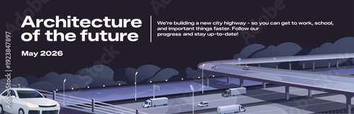 Banner design with modern highway interchange and traffic. Advertising template with road bridge and cars. Promotion layout with roadway junction, overpass at night. Flat vector illustration.