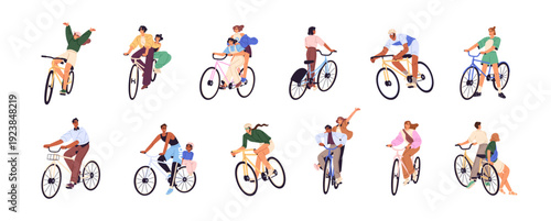 People ride a bike set. Young men and women travel by bicycle in summer. Riders are cycling. Cyclist do sports. Happy bicyclists race at walking. Flat isolated vector illustrations on white background