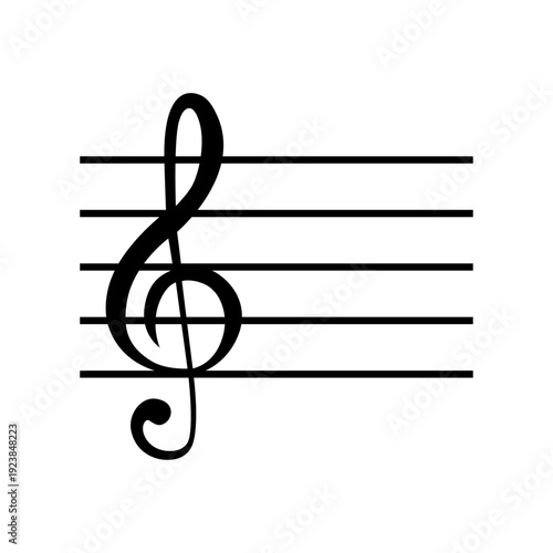Treble clef on music staff icon. Black minimal vector illustration of G clef symbol. Perfect for music education, sheet music design, posters, school materials and classical music projects.