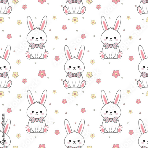 Cute Bunny Seamless Pattern with Flowers for Wrapping Paper and Fabric, Kawaii White Rabbit Nursery Print, Easter Animal Motif for Kids Textile, Pastel Baby Shower Wallpaper and Decorative Background