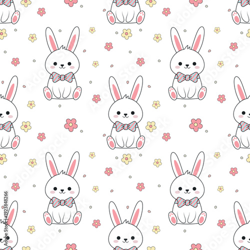 Cute Bunny Seamless Pattern with Flowers for Wrapping Paper and Fabric, Kawaii White Rabbit Nursery Print, Easter Animal Motif for Kids Textile, Pastel Baby Shower Wallpaper and Decorative Background