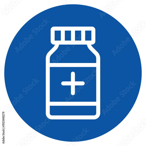 Medical Bottle Icon with Cross Symbol on Blue Circle Background