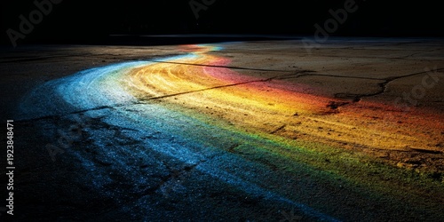 Chromatic Path: A Trail of Rainbow Light on Cracked Ground Under a Starless Sky