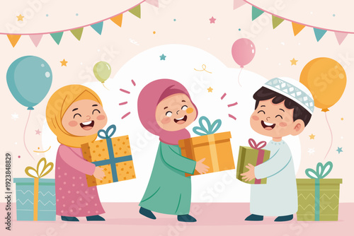 Elegant Children Receiving Eid Gifts Joyful Atmosphere High-Quality Stock Image