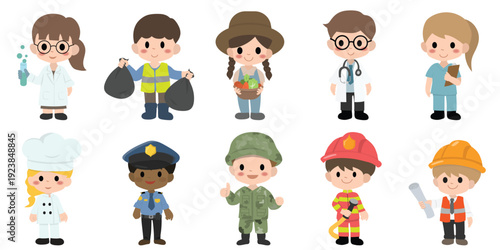 Cute kids in various jobs set. Smiling little boys and girls in uniform with professional equipment colorful, Career, occupation, work, for labor day, may day, vector illustrations