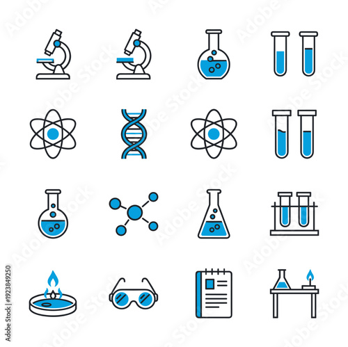 Collection of science and chemistry icons with blue and black outlines on a white background