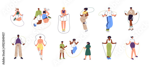 Rope skipping people set. Young men and women are jumping with sports equipment. Girls and boys are leaping, hopping, having fun and training. Flat isolated vector illustrations on white background.