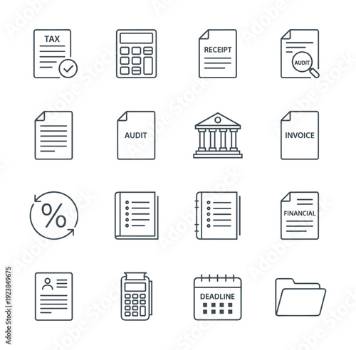 Collection of financial and business icons for accounting and planning purposes