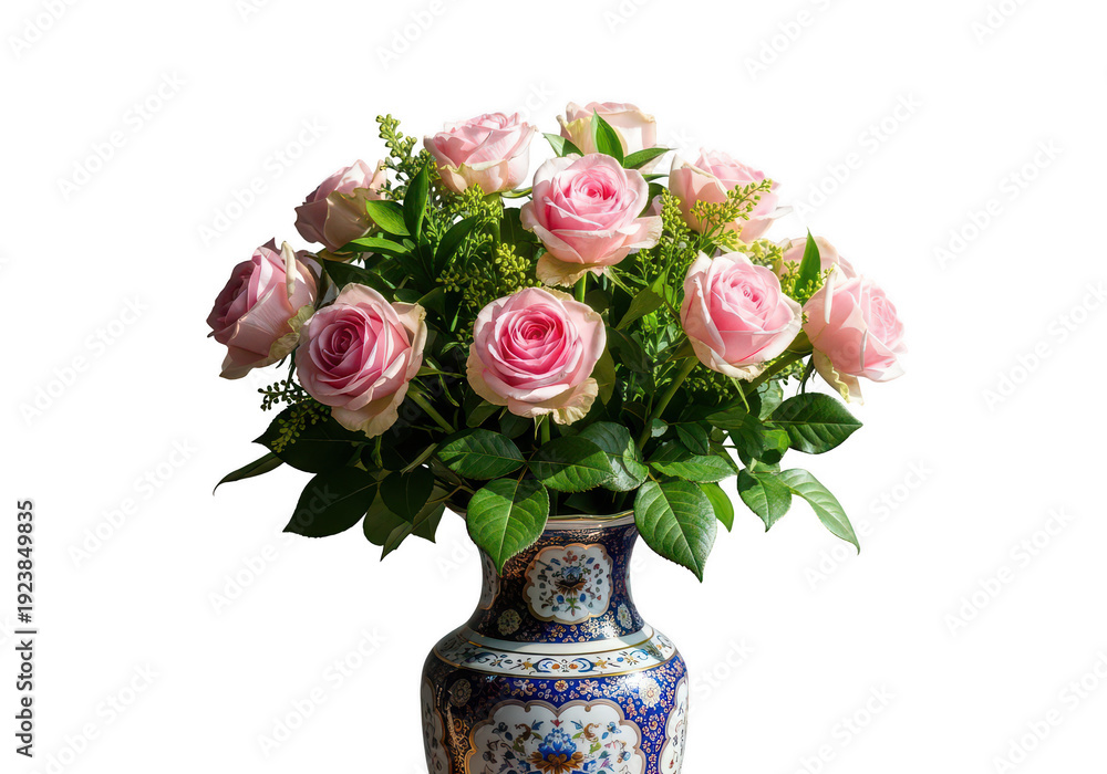Obraz premium Elegant bouquet of pink roses arranged in a decorative vase
