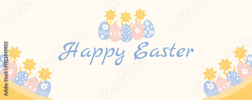 Pastel horizontal Easter greeting card banner with basket of eggs and blooming spring flowers vector illustration