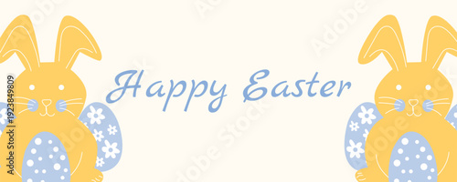 Horizontal Easter greeting banner with bunny decorated eggs and spring flowers pastel vector card template