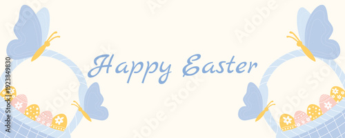 Horizontal Easter greeting poster banner with basket of decorated eggs and butterflies pastel flat vector illustration