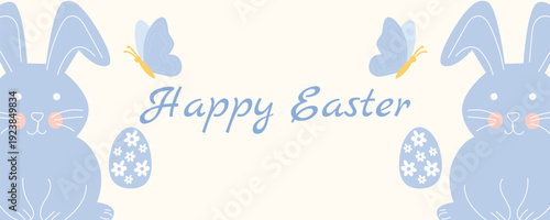 Modern horizontal Easter greeting card banner featuring bunnies decorated eggs and butterflies flat pastel vector design