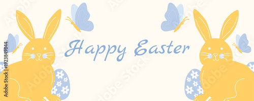 Horizontal Easter holiday greeting banner with eggs bunnies and butterflies pastel vector card design