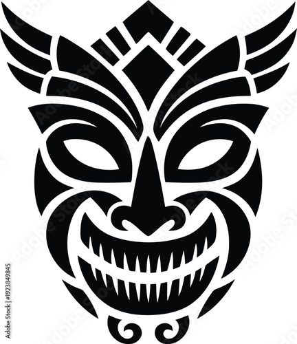 Black and white traditional polynesian tiki mask vector illustration with an aggressive expression.